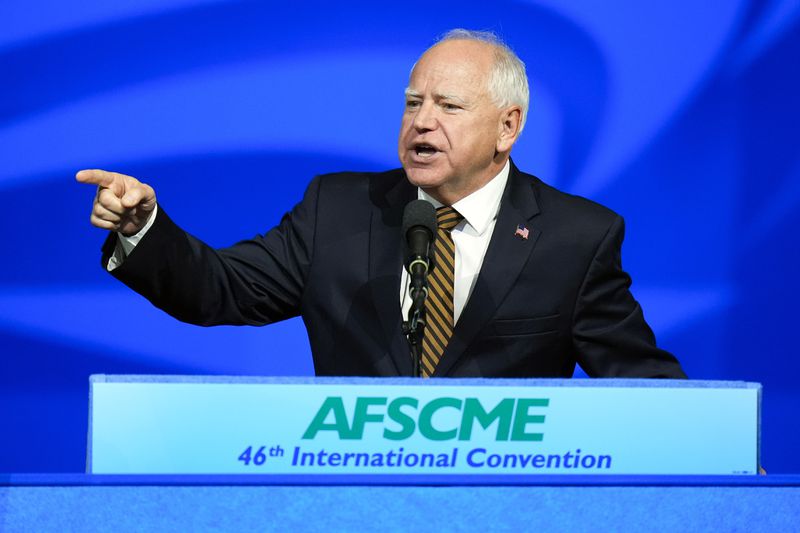 Democratic vice presidential nominee Minnesota Gov. Tim Walz speaks at the American Federation of State, County and Municipal Employees (AFSCME) Convention in Los Angeles, Tuesday, Aug. 13, 2024. (AP Photo/Jae C. Hong)