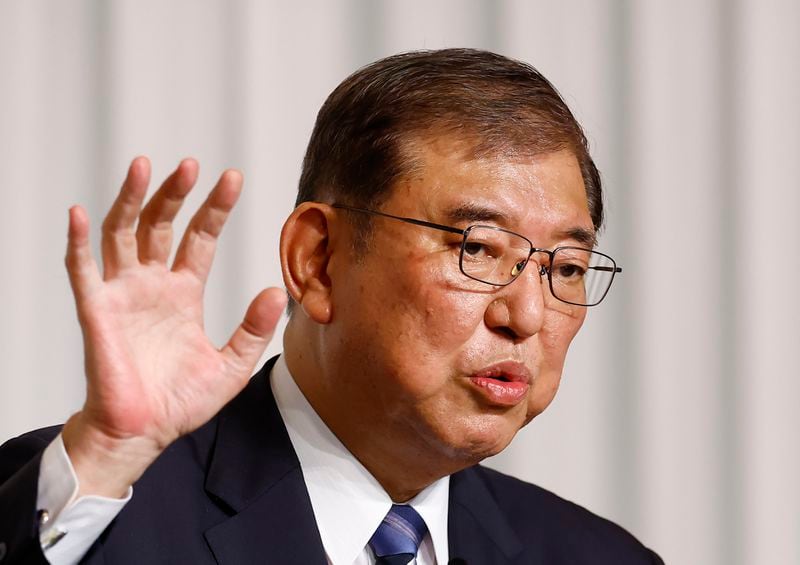 Shigeru Ishiba, the newly elected leader of Japan's ruling party, the Liberal Democratic Party (LDP) holds a press conference after the LDP leadership election, in Tokyo Friday, Sept. 27, 2024. (Kim Kyung-Hoon/Pool Photo via AP)