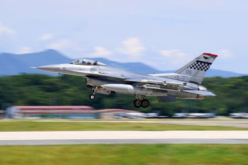 In this photo provided by the South Korea Defense Ministry, the U.S. Air Force's F-16 fighter jet takes off during a combined air force exercise between the United States and South Korea at Chungju Air Base in Chungju, South Korea, Wednesday, June 26, 2024. (South Korea Defense Ministry via AP)