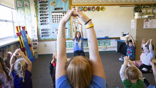 FILE - Teacher Abi Hawker leads preschoolers in learning activities at Hillcrest Developmental Preschool in American Falls, Idaho, Sept. 28, 2023. (AP Photo/Kyle Green, File)