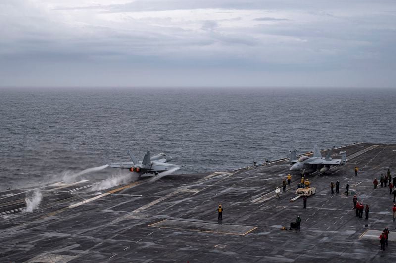 In this photo provided by the U.S. Navy, an F/A-18E Super Hornet, assigned to the "Flying Checkmates" of Strike Fighter Squadron (VFA) 211, launches off the flight deck of the Nimitz-class aircraft carrier USS Theodore Roosevelt (CVN 71) on Friday, June 28, 2024. The newly-inaugurated Freedom Edge exercise is wrapping up in the East China Sea, having brought together Japanese, South Korean and American naval assets for multi-domain maneuvers for the first time. (Mass Communication Specialist Seaman Aaron Haro Gonzalez/U.S. Navy via AP)