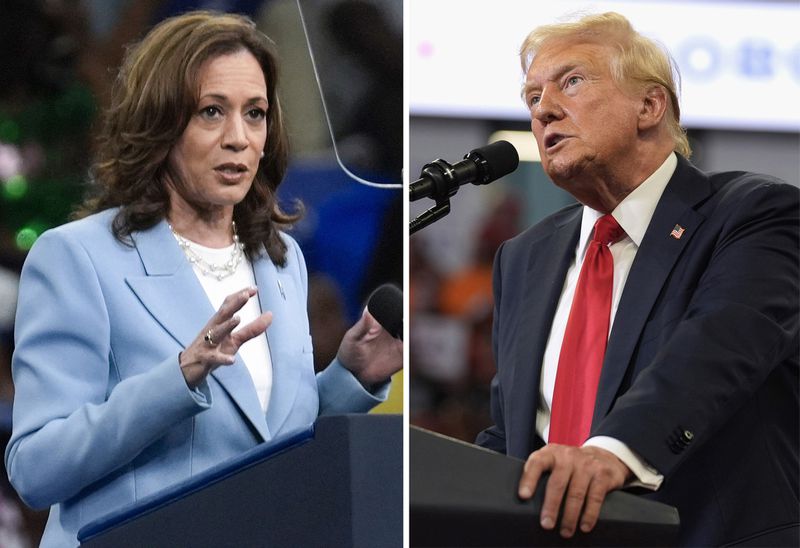 This combination of photos taken at campaign rallies in Atlanta shows Vice President Kamala Harris on July 30, 2024, left, and Republican presidential candidate former President Donald Trump on Aug. 3. Trump and Harris held the dueling rallies four days apart, but the dynamics showcased how deeply divided the American electorate is. The Harris crowd was majority Black and female. Trump's crowd was overwhelmingly white. They listened to different music. They heard wildly different arguments on immigration, the economy, voting rights. Either Harris or Trump will win. The question is how widely the winner will be accepted. (AP Photo)