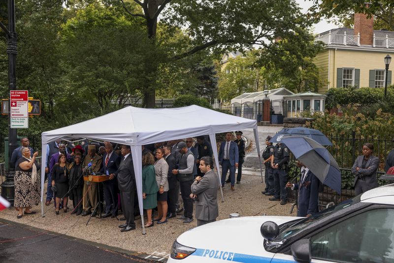 New York City Mayor Eric Adams speaks during a news conference outside Gracie Mansion, Thursday, Sept. 26, 2024, in New York. (AP Photo/Yuki Iwamura)