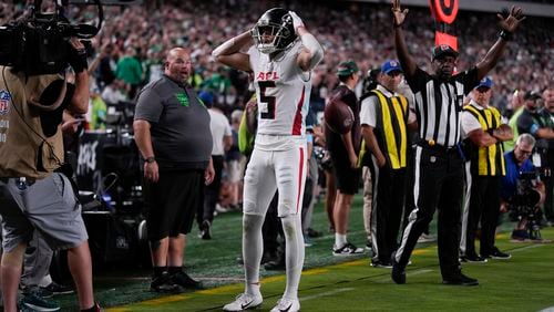 Atlanta Falcons wide receiver Drake London reacts to scoring a touchdown during the second half of an NFL football game against the Philadelphia Eagles on Monday, Sept. 16, 2024, in Philadelphia. (AP Photo/Matt Rourke)