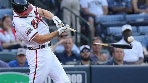 Jeff Francoeur breaks his bat during a second-inning groundout.