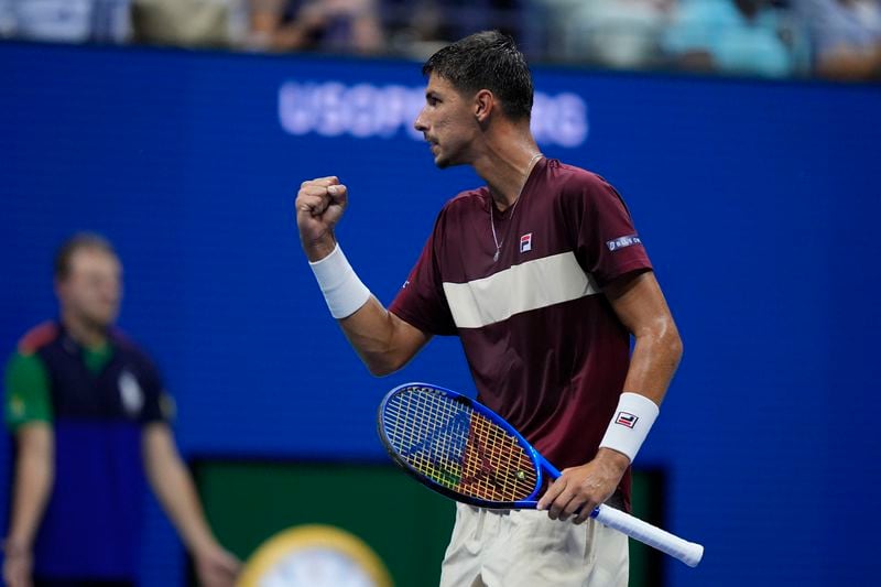 Alexei Popyrin, of Australia, reacts against Novak Djokovic, of Serbia, during a third round match of the U.S. Open tennis championships, Friday, Aug. 30, 2024, in New York. (AP Photo/Julia Nikhinson)