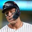 New York Yankees outfielder Aaron Judge reacts after flying out against the Kansas City Royals during the third inning of Game 2 of the American League baseball playoff series, Monday, Oct. 7, 2024, in New York. (AP Photo/Frank Franklin II)