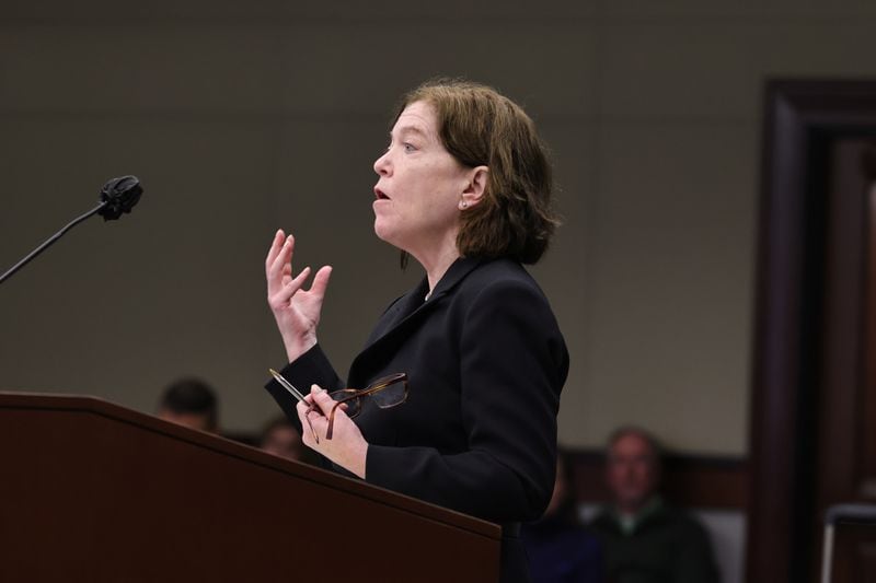 Cobb County defense attorney Elizabeth Monyak makes arguments during a lawsuit hearing in the Cobb Board of Commissioners redistricting case at Cobb County Superior Court on Monday, Nov. 20, 2023. (Natrice Miller/ Natrice.miller@ajc.com)