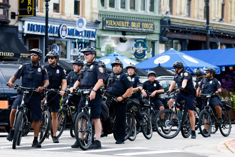 Police patrol the area near the Republican National Convention site in Milwaukee on Sunday.