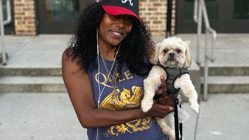 Masika Nyaku on June 6 outside the Cortland Decatur East apartment complex in Decatur. Nyaku said she was struggling to afford the monthly rent for a two-bedroom apartment in the building. (Matt Reynolds/The Atlanta Journal-Constitution)