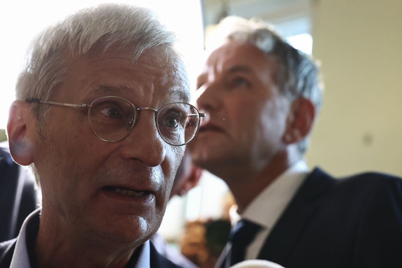 Right-wing Alternative for Germany (AfD) Brandenburg top candidate Hans-Christoph Berndt and Thuringia AfD party leader Bjoern Hoecke react, after first exit polls of the Brandenburg state election in Potsdam, Germany, Sunday, Sept. 22, 2024. (Liesa Johannssen/Pool Photo via AP)