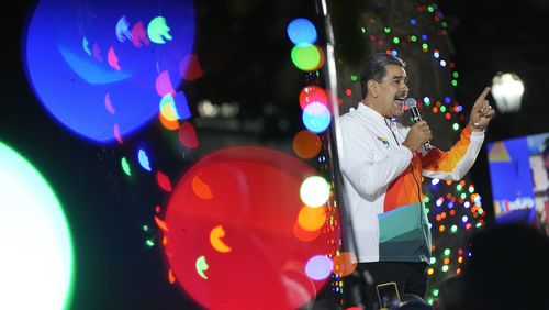 FILE - President Nicolas Maduro speaks to supporters in Caracas, Venezuela, Dec. 3, 2023. (AP Photo/Matias Delacroix), File