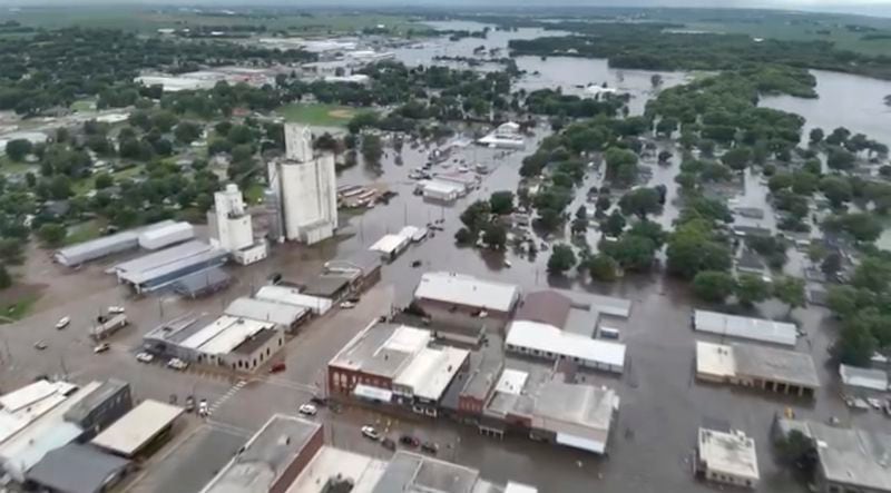 This image provided by Sioux County Sheriff shows City of Rock Valley, Iowa on Saturday, June 22, 2024. Gov. Kim Reynolds sent helicopters to the small town to evacuate people from flooded homes Saturday, the result of weeks of rain, while much of the United States longed for relief from yet another round of extraordinary heat.(Sioux County Sheriff via AP)