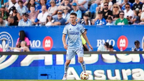 Atlanta United defender Noah Cobb #24 looks for a pass during the match against the CF Montreal at Stade Saputo in Montreal, Canada on Saturday July 13, 2024. (Photo by Mitch Martin/Atlanta United)