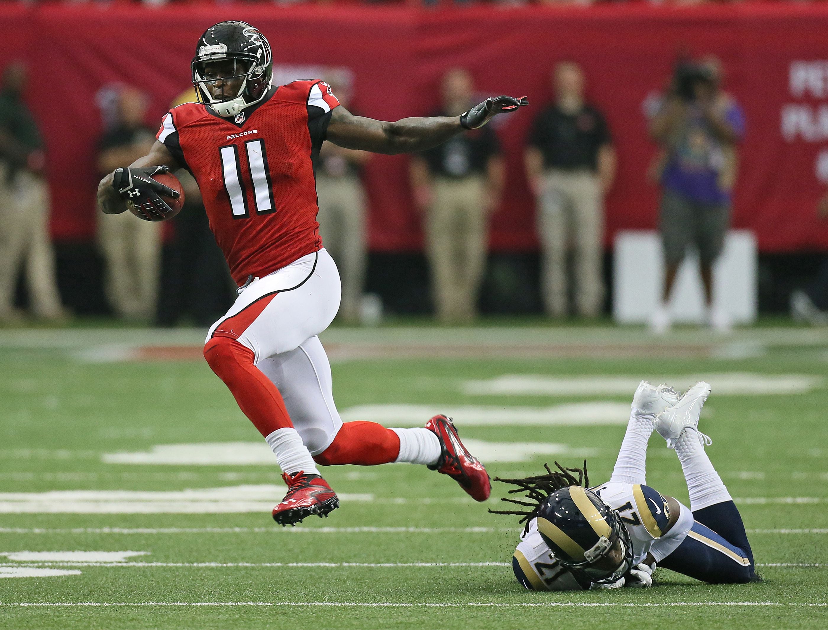 Dec 15 2019 Santa Clara, CA U.S.A Atlanta Falcons wide receiver Julio Jones  (11) makes the game-winning touchdown reception walk off the field after  the NFL Football game between the Atlanta Falcons