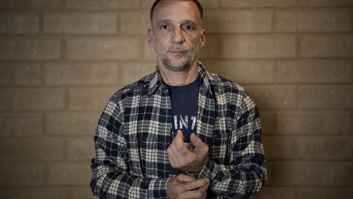 Mathieu Kassovitz poses after an interview with Associated Press, in Tremblay-en-France, Tuesday, Sept. 17, 2024. (AP Photo/Christophe Ena)