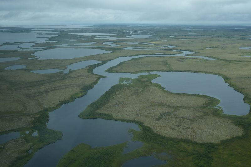 Water and patches of green are visible near Mertarvik, Alaska Tuesday, Aug. 13, 2024. (AP Photo/Rick Bowmer)