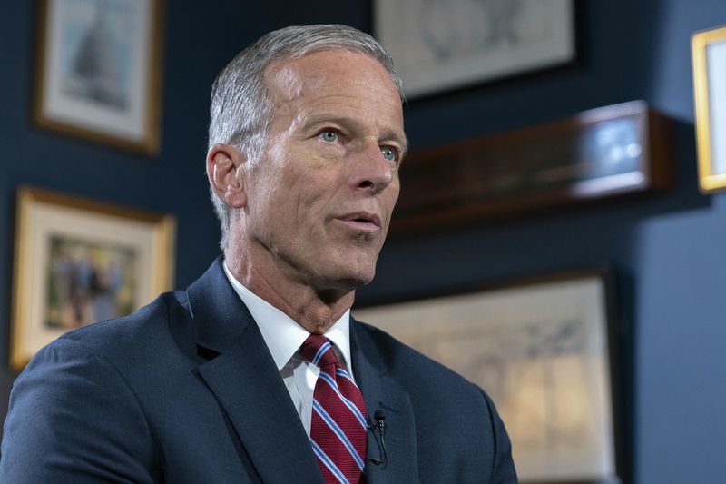 Senate Minority Whip John Thune, R-S.D., speaks during an interview with The Associated Press at the Capitol in Washington, Wednesday, Sept. 11, 2024. (AP Photo/Jose Luis Magana)