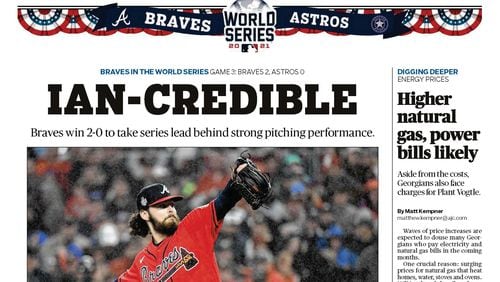 Front Page headline – Atlanta Braves World Series Game 3 section in Saturday Atlanta Journal-Constitution ePaper - Oct. 30 2021