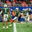Florida A&M linebacker Isaiah Major scores a touchdown at the Celebration Bowl against Howard University at Mercedes Benz Stadium in Atlanta on Dec. 16, 2023. (Jamie Spaar//For The Atlanta Journal-Constitution)