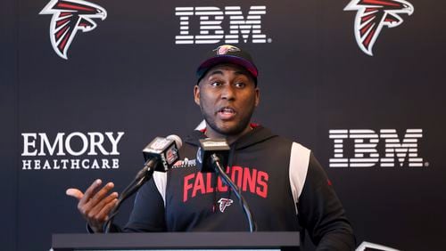 Falcons special-teams coach Marquice Williams speaks to members of the media at the Atlanta Falcons Practice Facility, Wednesday, February 14, 2024, in Flowery Branch, Ga. (Jason Getz / jason.getz@ajc.com)