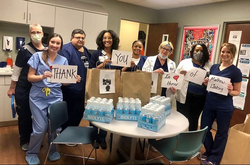 Friends of Matt Lindsey delivered food and drinks to staff at Emory Decatur Hospital to thank them for caring for Lindsey.