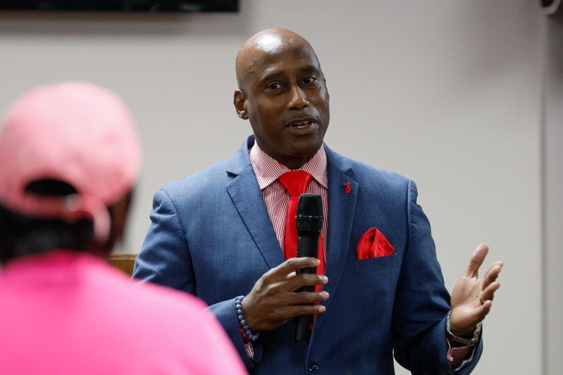 Candidate for Clayton County Sheriff Jeff Turner answers questions from Clayton County residents during a forum organized by Women of Clayton County at Harvest Baptist Tabernacle Church on Thursday, June 6. (Miguel Martinez / AJC)