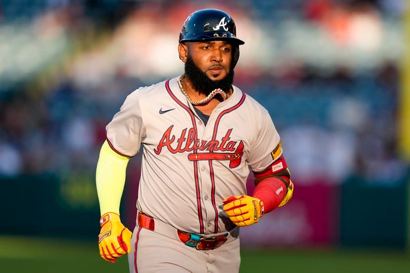 Atlanta Braves designated hitter Marcell Ozuna runs the bases after hitting a three-run home run during the first inning of a baseball game against the Los Angeles Angels, Saturday, Aug. 17, 2024, in Anaheim, Calif. (AP Photo/Ryan Sun)