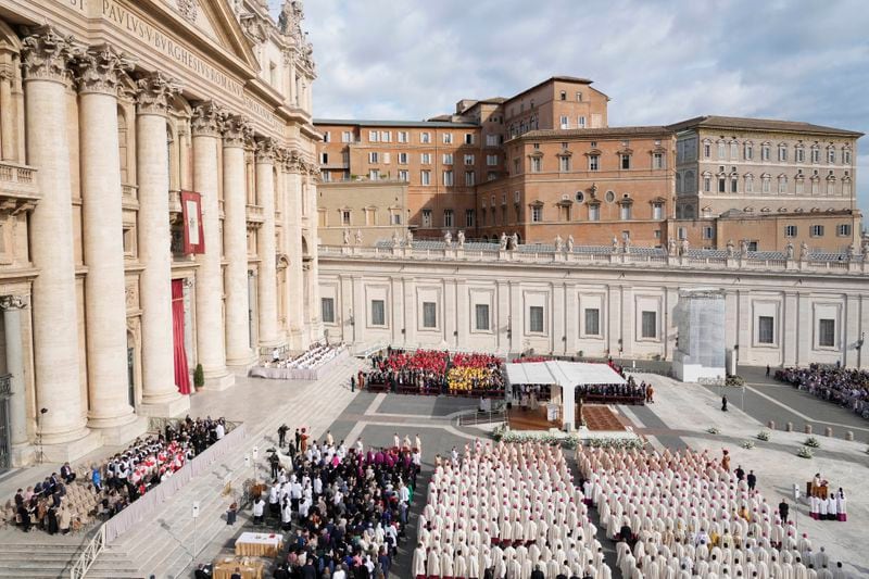 A view of St. Peter's Square as Pope Francis presides over a mass at the Vatican, for the opening of the second session of the 16th General Assembly of the Synod of Bishops, Wednesday, Oct. 2, 2024. (AP Photo/Gregorio Borgia)