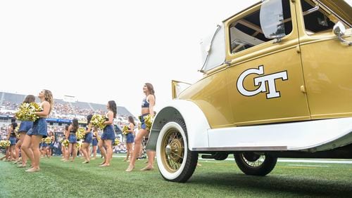 Georgia Tech cheerleaders perform in the first half of play during a NCAA college football game Saturday, Oct. 2, 2021 at Bobby Dodd Stadium in Atlanta. (Daniel Varnado/For the AJC)