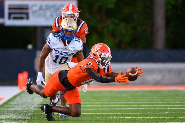 Running back for North Cobb, Jamauri Major, reaches for a catch during the game against McEachern in Kennesaw, GA on August 23, 2024 (Jamie Spaar for the Atlanta Journal Constitution)