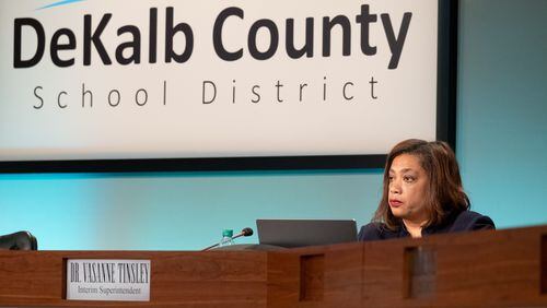 Interim DeKalb County Schools Superintendent Vasanne Tinsley during a May board meeting. The school board voted Monday to select the Georgia School Boards Association to help conduct the search process for a permanent superintendent. Ben Gray for the Atlanta Journal-Constitution