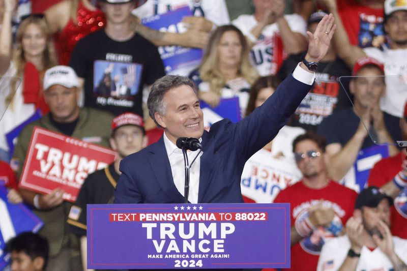 Dave McCormick, the Republican nominee for Senate in Pennsylvania, speaks at a campaign rally for Republican presidential nominee former President Donald Trump at the Mohegan Sun Arena at Casey Plaza in Wilkes-Barre, Pa., Saturday, Aug. 17, 2024. (AP Photo/Laurence Kesterson)