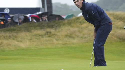 Billy Horschel of the United States reacts after missing a birdie putt on the 12th green during his third round of the British Open Golf Championships at Royal Troon golf club in Troon, Scotland, Saturday, July 20, 2024. (AP Photo/Jon Super)