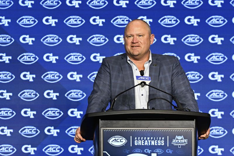 Georgia Tech head coach Brent Key speaks during the Atlantic Coast Conference NCAA college football media days, Monday, July 22, 2024, in Charlotte, N.C. (AP Photo/Matt Kelley)