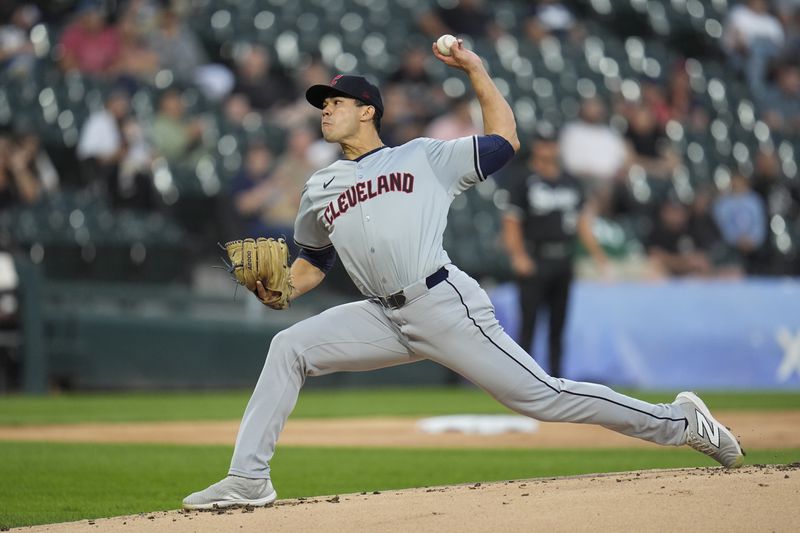 Cleveland Guardians starting pitcher Joey Cantillo throws against the Chicago White Sox during the first inning of a baseball game Monday, Sept. 9, 2024, in Chicago. (AP Photo/Erin Hooley)