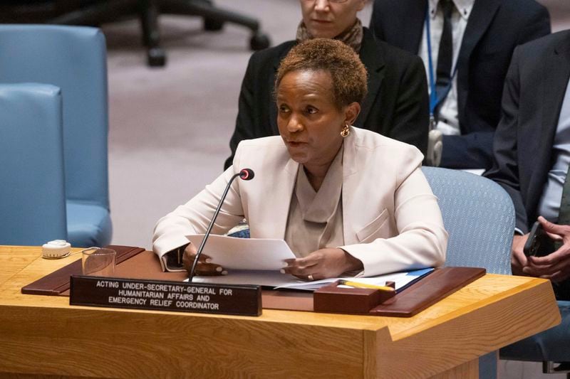 FILE - Acting Under-Secretary-General for Humanitarian Affairs and Emergency Relief Coordinator Joyce Msuya speaks during a Security Council meeting at United Nations headquarters, on Aug. 29, 2024. (AP Photo/Yuki Iwamura, File)