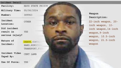 Freddie Talley was incarcerated at Hays State Prison when he was stabbed to death on May 6. The incident led officers to recover seven weapons ranging in length from 9 to 22 inches, according to the incident report. (Elements from that incident report have been arranged and highlighted in this montage.) (Illustration by Pete Corson/AJC)