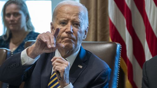 President Joe Biden speaks during a meeting with the members of his cabinet and first lady Jill Biden, in the Cabinet Room of the White House, Friday, Sept. 20, 2024. (AP Photo/Manuel Balce Ceneta)