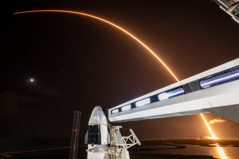 In this photo provided by SpaceX, the SpaceX Falcon 9 rocket, carrying 21 Starlink internet satellites, launches from Cape Canaveral, Fla., on Wednesday, Aug. 28, 2024. (SpaceX via AP)