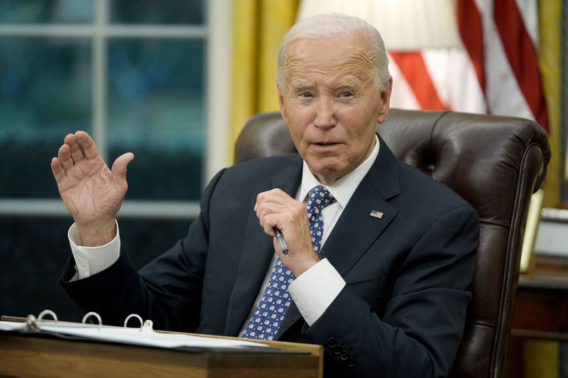 President Joe Biden speaks about his administration's efforts to aid in recovery from the aftermath of Hurricane Helene from the Oval Office of the White House in Washington, Monday, Sept. 30, 2024. (AP Photo/Mark Schiefelbein)