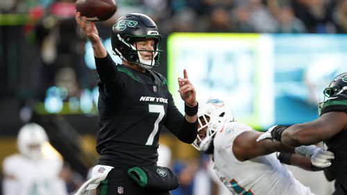 New York Jets quarterback Tim Boyle (7)  throws a pass against the Miami Dolphins during the second quarter at MetLife Stadium on Nov. 24, 2023, in East Rutherford, New Jersey. (Rich Schultz/Getty Images/TNS)