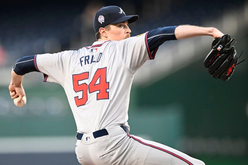 Atlanta Braves starting pitcher Max Fried throws during the first inning of a baseball game against the Washington Nationals, Wednesday, Sept. 11, 2024, in Washington. (AP Photo/John McDonnell)