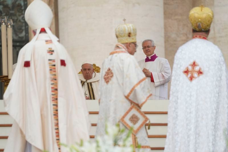 Pope Francis presides over a mass in St. Peter's Square, at the Vatican, for the opening of the second session of the 16th General Assembly of the Synod of Bishops, Wednesday, Oct. 2, 2024. (AP Photo/Gregorio Borgia)