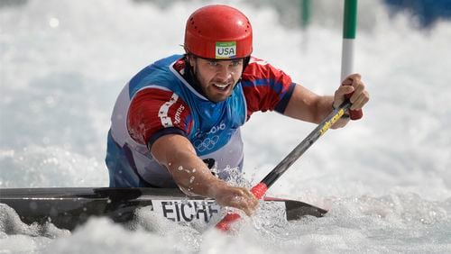 FILE - Casey Eichfeld of the United States competes during the canoe single C1 men's heats of the Canoe Slalom at the 2016 Summer Olympics in Rio de Janeiro, Brazil, Sunday, Aug. 7, 2016. The 34-year-old Eichfeld is going to his fourth Olympics after competing in Beijing, London and Rio de Janeiro.(AP Photo/Kirsty Wigglesworth, File)