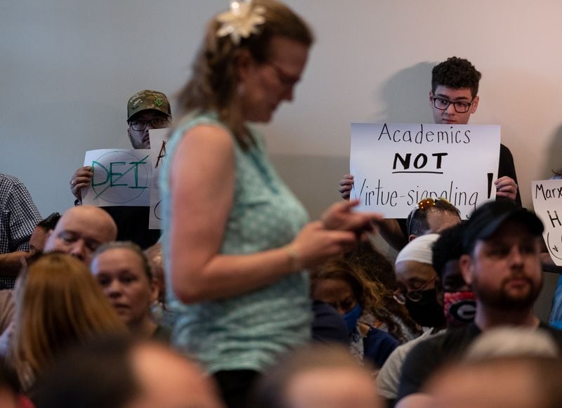 People pack the Cherokee County School Board meeting to capacity on Thursday night, May 20, 2021 to speak out about critical race theory. (Ben Gray for the Atlanta Journal-Constitution)