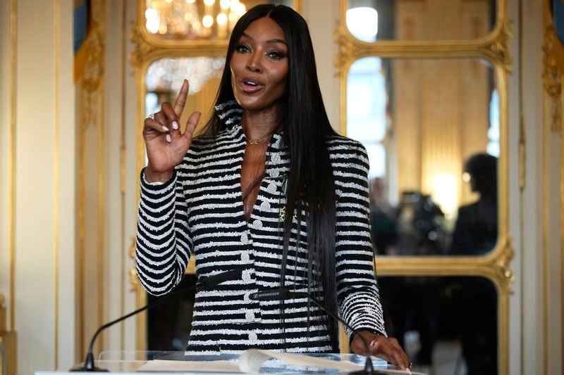 Naomi Campbell delivers a speech after being awarded with the medal of "Chevalier de l'Ordres des Arts et des Lettres", at the Culture ministry, in Paris, Thursday, Sept. 26, 2024. (AP Photo/Louise Delmotte)