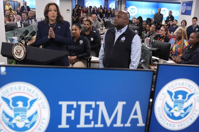 Vice President Kamala Harris spoke on Monday at FEMA headquarters about the devastation caused by Hurricane Helene.