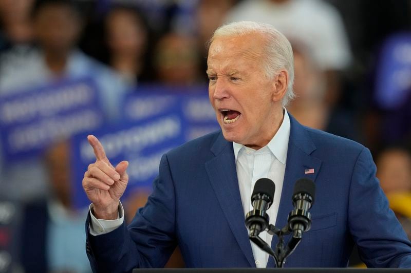 President Joe Biden gestures during his remarks at Renaissance High School during a Friday, July 12, 2024, campaign event in Detroit. (AP Photo/Carlos Osorio)