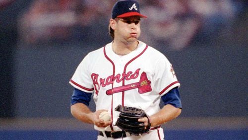 Braves reliever Mark Wohlers prepares to deliver a pitch during the 1995 National League Championship Series. (AJC file photo)